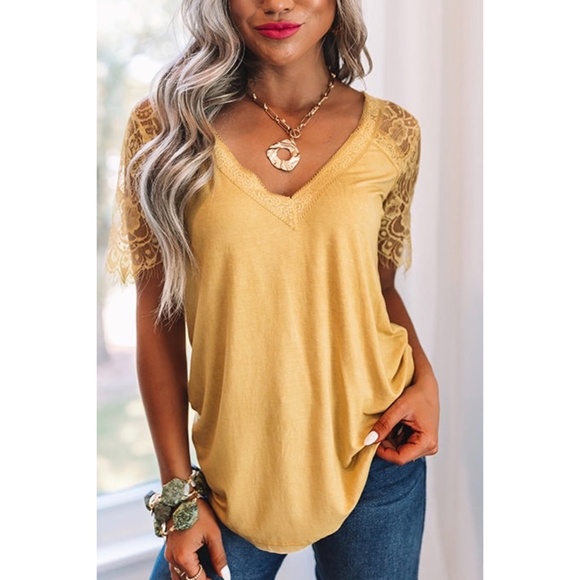 POL Golden Yellow V Neck Lace Sleeve Rayon Jersey Tee - Picture 7 of 7